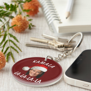 Funny Kamala Harris Face Santa Hat Christmas Key Ring