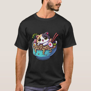 Funny Kawaii Anime Cat in Ramen Bowl Japanese Nood T-Shirt