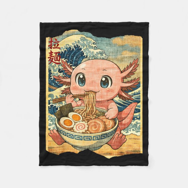 Funny Kawaii Axolotl Ramen Noodle Bowl Japanese Wa Fleece Blanket (Front)