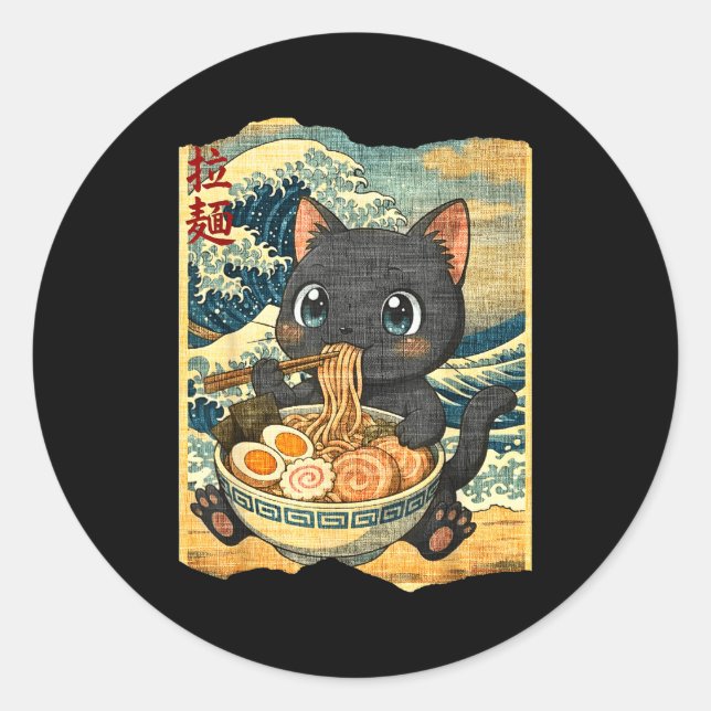 Funny Kawaii Black Cat Ramen Noodle Bowl Japanese  Classic Round Sticker (Front)
