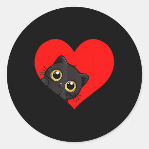 Funny Kawaii Black Cat Valentines Day Heart Men Wo Classic Round Sticker