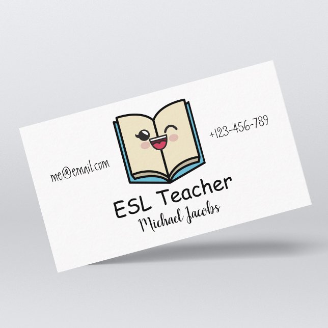 Funny Kawaii Book ESL Teacher English Teacher Cute Business Card (Creator Uploaded)
