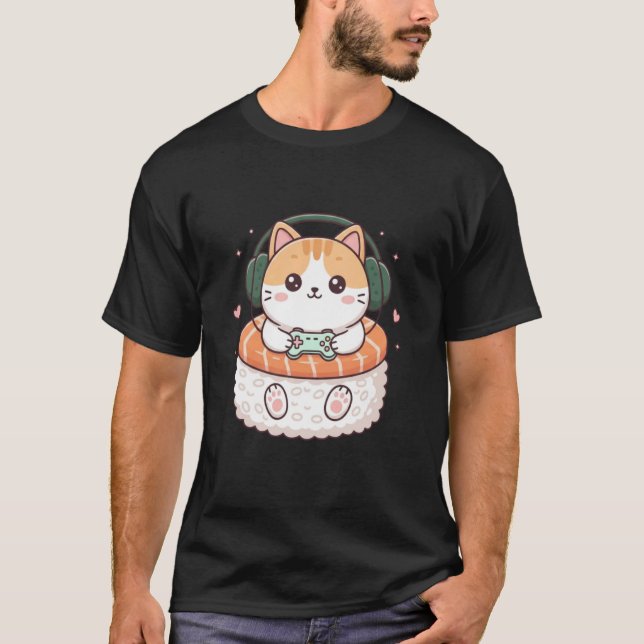 Funny Kawaii Cat Gamer Sushi Cute Anime Men Boys K T-Shirt (Front)