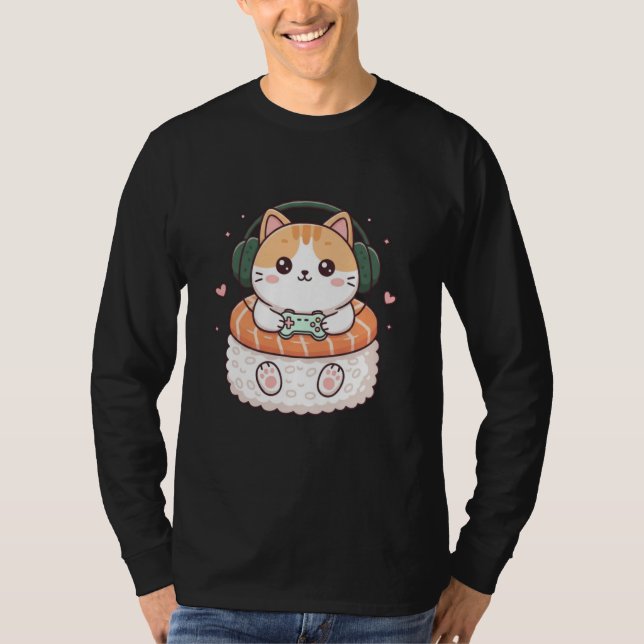 Funny Kawaii Cat Gamer Sushi Cute Anime Men Boys K T-Shirt (Front)