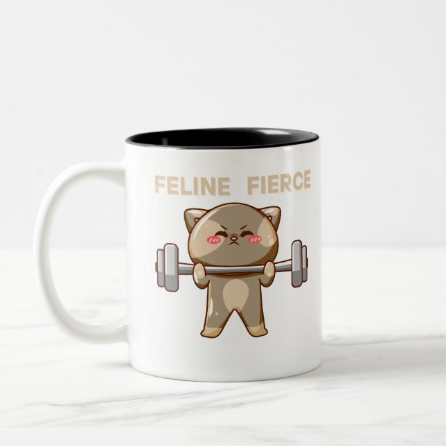 Funny Kawaii Cat Lifting Weights mug (Left)