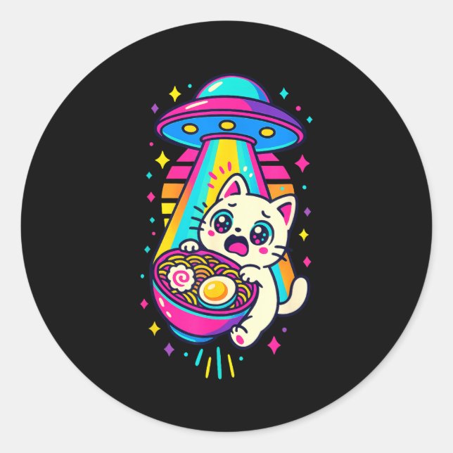 Funny Kawaii Cat Ramen Ufo Japanese Anime Women Gi Classic Round Sticker (Front)