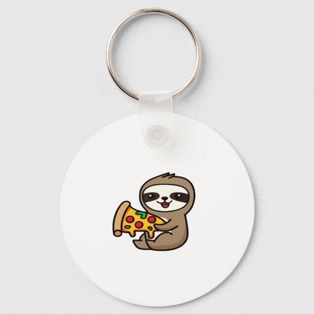 Funny Kawaii Chibi Sloth with Pizza � Cute Cartoon Key Ring (Front)