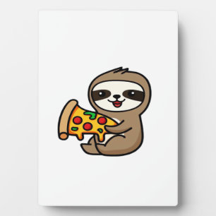 Funny Kawaii Chibi Sloth with Pizza � Cute Cartoon Plaque