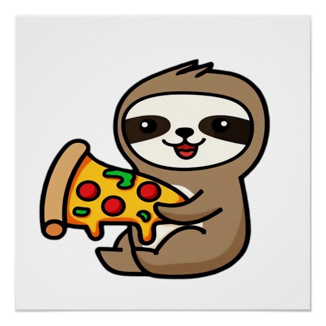 Funny Kawaii Chibi Sloth with Pizza � Cute Cartoon Poster (Front)