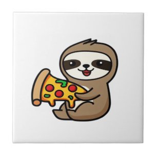 Funny Kawaii Chibi Sloth with Pizza � Cute Cartoon Tile