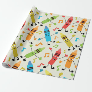 Funny Kawaii Dancing Crayons With Music Notes  Wrapping Paper