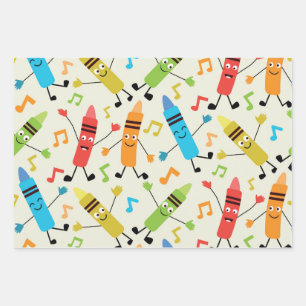 Funny Kawaii Dancing Crayons With Music Notes  Wrapping Paper Sheet
