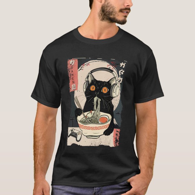 Funny Kawaii Gamer Cat Retro Japanese Cat Ramen Ga T-Shirt (Front)