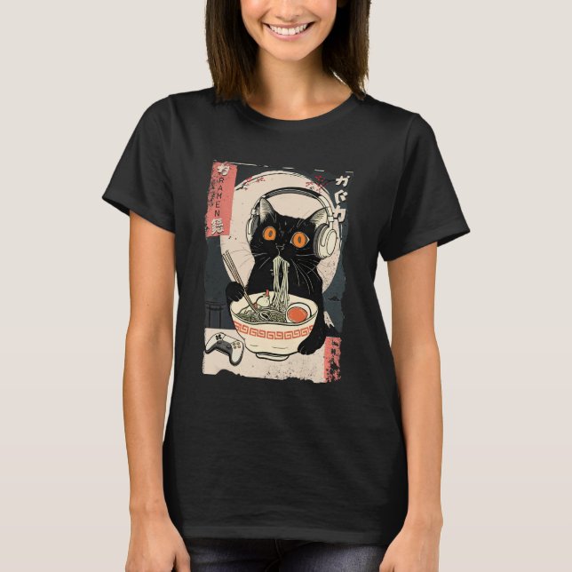 Funny Kawaii Gamer Cat Retro Japanese Cat Ramen Ga T-Shirt (Front)