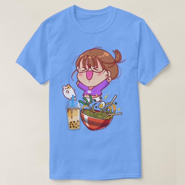 Funny Kawaii Girl Cat Eating Ramen And Boba Milk T T-Shirt (Design Front)