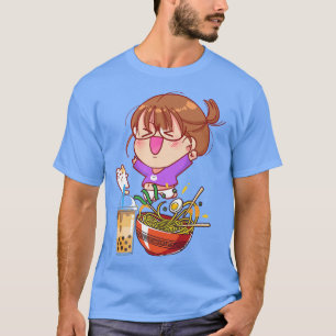 Funny Kawaii Girl Cat Eating Ramen And Boba Milk T T-Shirt