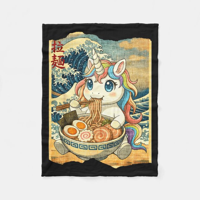 Funny Kawaii Unicorn Ramen Noodle Bowl Japanese Wa Fleece Blanket (Front)