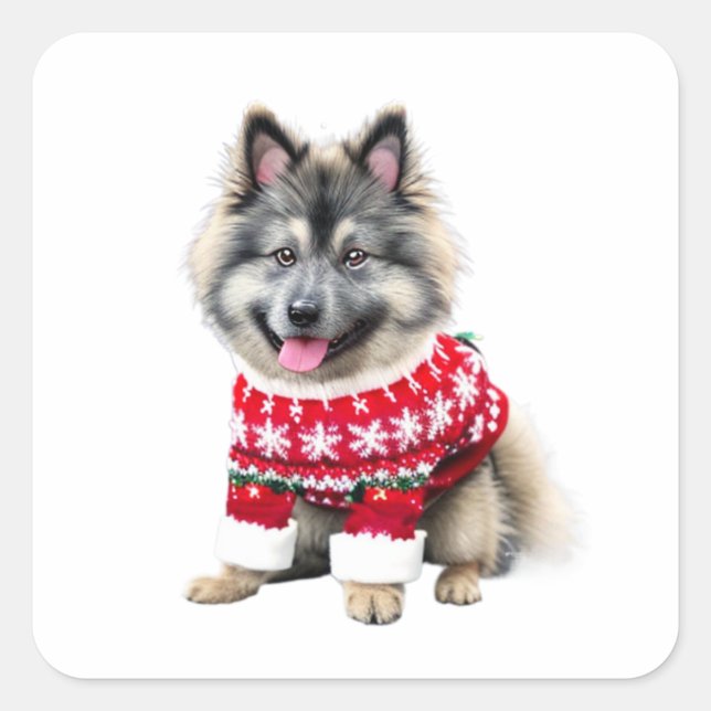 Funny Keeshond in Christmas Sweater Square Sticker (Front)