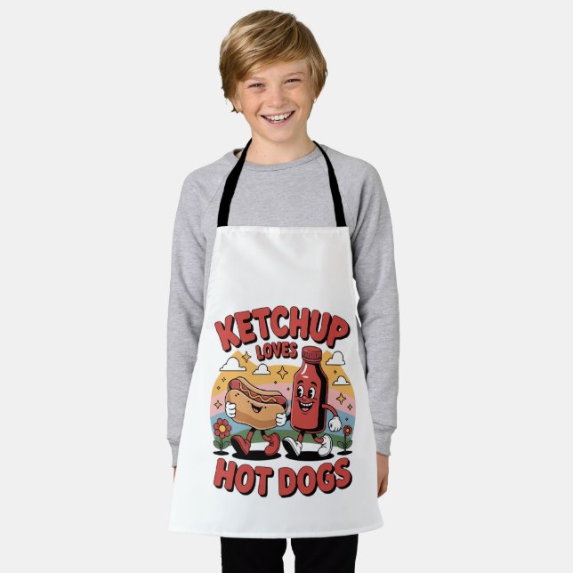 Funny Ketchup and Hot Dog Cartoon Retro Food Art Apron (Worn)
