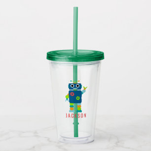 Funny Kids Colourful Robot Blue Personalised Acrylic Tumbler