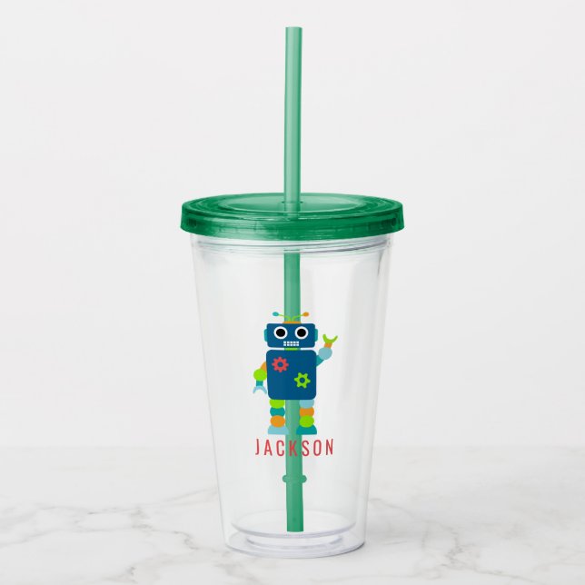 Funny Kids Colourful Robot Blue Personalised Acrylic Tumbler (Front)
