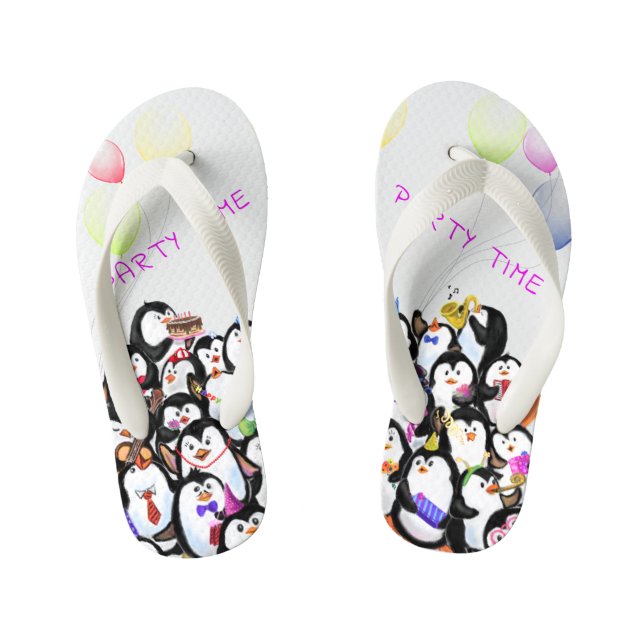 Funny Kid's Flip Flops with Happy Penguins Party (Footbed)