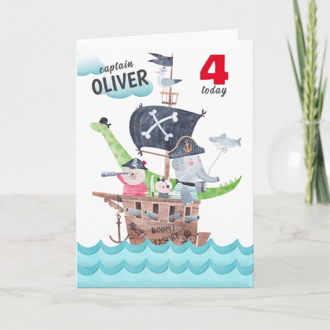 Funny Kids Pirate Animals Birthday Greeting Card (Front)
