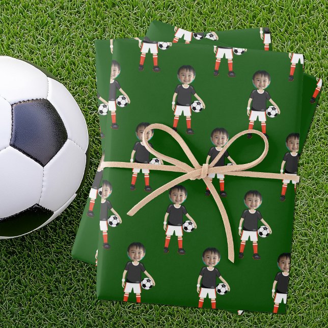 Funny Kids Soccer Player Photo Custom Green Wrapping Paper Sheet (Creator Uploaded)