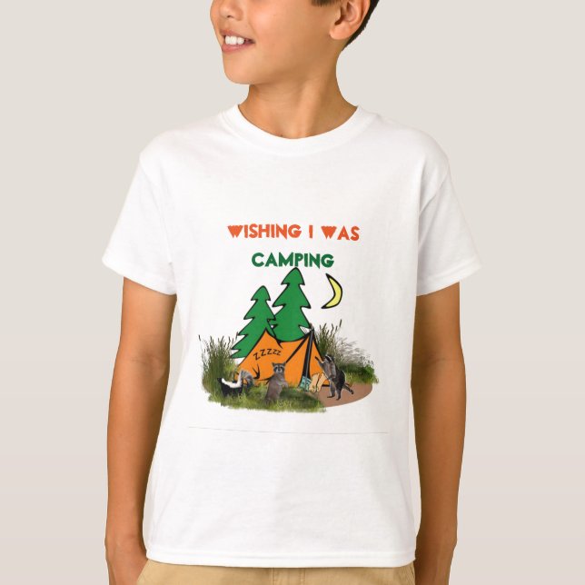 Funny Kids T-Shirt with Camp Tent and Racoon (Front)