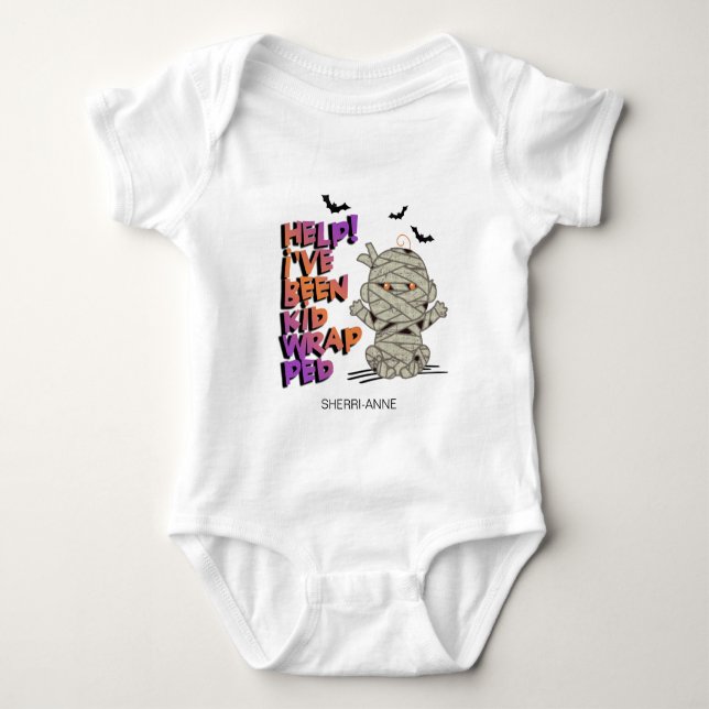 Funny Kidwrapped Mummy Baby Orange ID683 Bodysuit (Front)