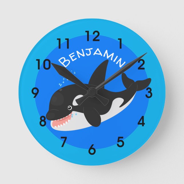 Funny killer whale orca cute cartoon illustration round clock (Front)