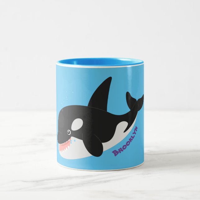 Funny killer whale orca cute cartoon illustration Two-Tone coffee mug (Center)