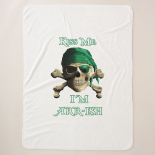 Funny Kiss Me Irish Jolly Roger Pirate Skull Sherpa Blanket