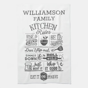 Funny Kitchen Rules Subway Art Personalised Tea Towel