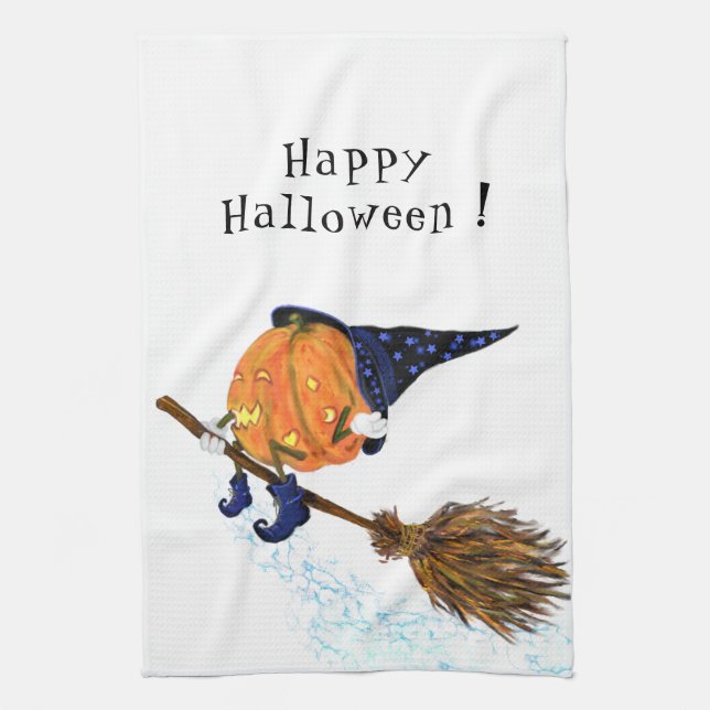 Funny Kitchen Towel Halloween Witch Pumpkin Flying (Vertical)