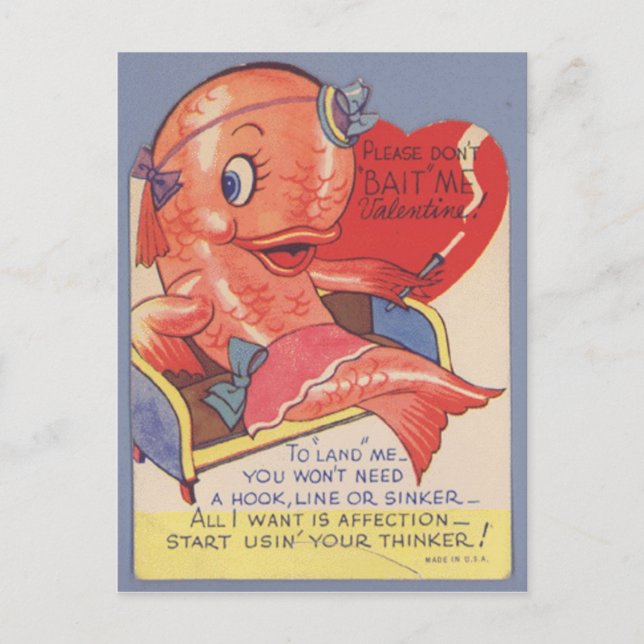 funny kitsch Vintage fish valentine Holiday Postcard (Front)