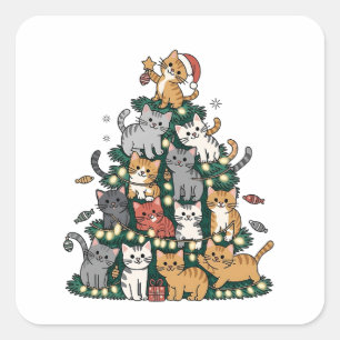 Funny Kitten Christmas Tree Cat Pet Animal Lover Square Sticker
