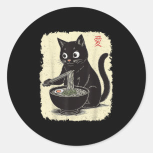 Funny Kitten Eating Ramen Japanese Kawaii Anime Ca Classic Round Sticker