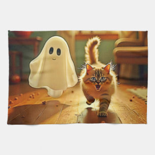 Funny Kitten Spooky Friend Design Tea Towel