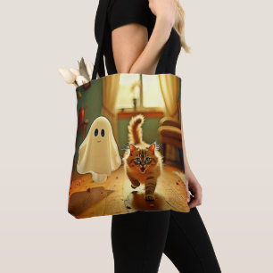 Funny Kitten Spooky Friend Design Tote Bag