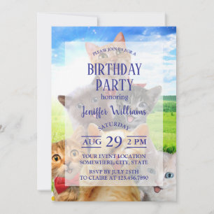 Funny kittens in green field. invitation