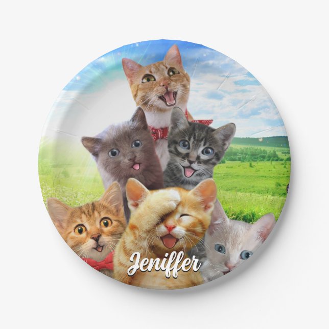 Funny kittens in green field.                      paper plate (Front)