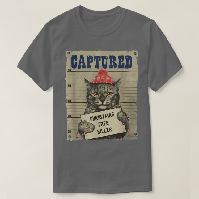 Funny Kitty Cat Captured Christmas Tree Killer  T-Shirt (Design Front)
