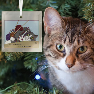 Funny Knitting Cat Tangled Yarn Hobby Humour Glass Tree Decoration