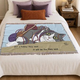 Funny Knitting Cat Tangled Yarn Hobby Humour Throw Blanket