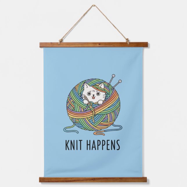 Funny Knitting Cat Yarn Ball Light Blue Design Hanging Tapestry (Front)