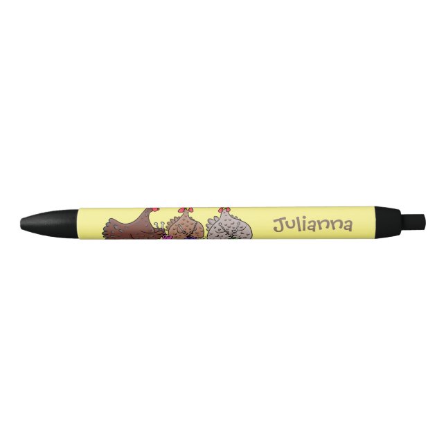 Funny knitting chickens cartoon illustration black ink pen (Front)