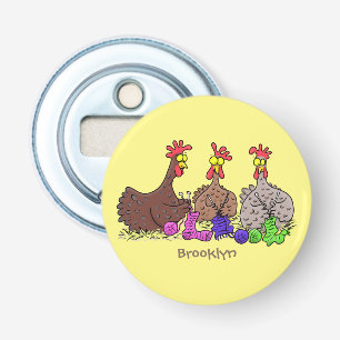 Funny knitting chickens cartoon illustration bottle opener