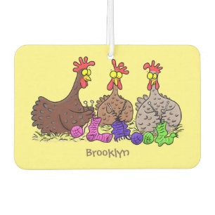 Funny knitting chickens cartoon illustration car air freshener