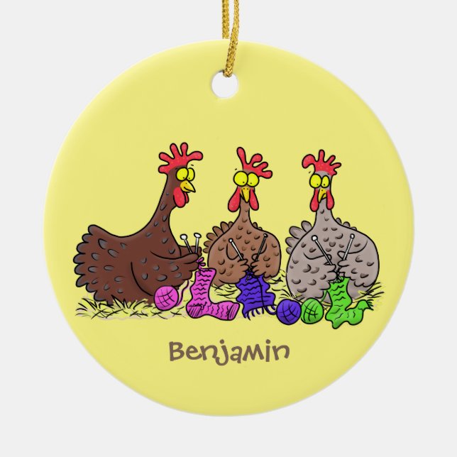 Funny knitting chickens cartoon illustration ceramic tree decoration (Front)